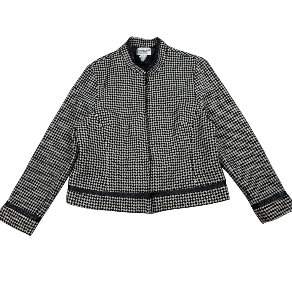 Pendleton Wool Houndstooth Jacket Leather Trim Zip Front Black White Womens‎ 16